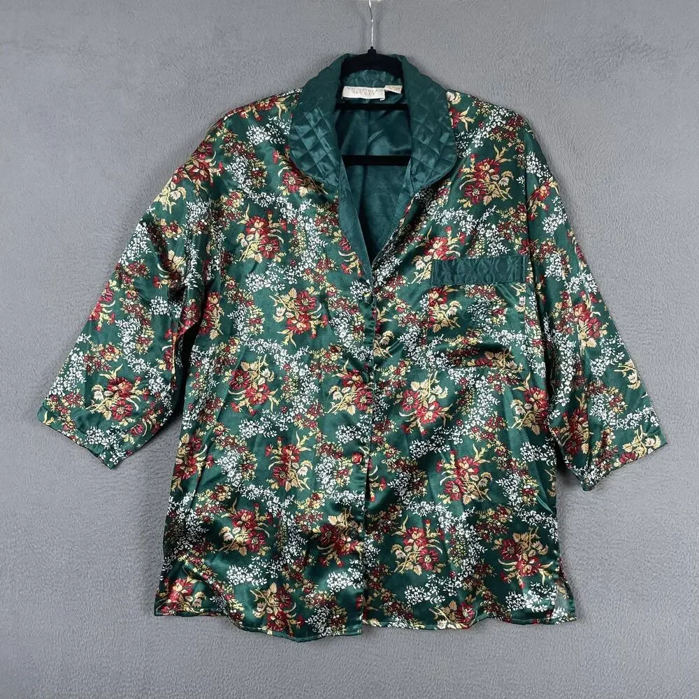 Victorias Secret Pajama Top Womens S Green Floral Satin Kimono Quilted Button - Picture 1 of 8